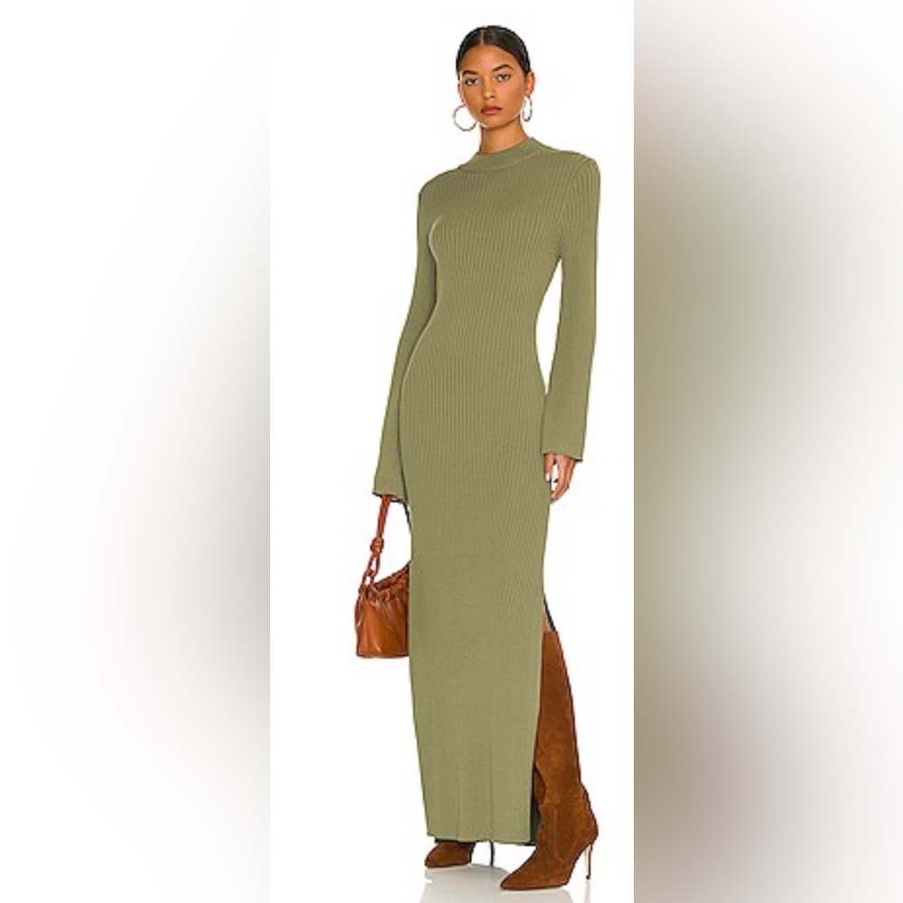 Elegant Olive Green Ribbed Long Sleeve Dress